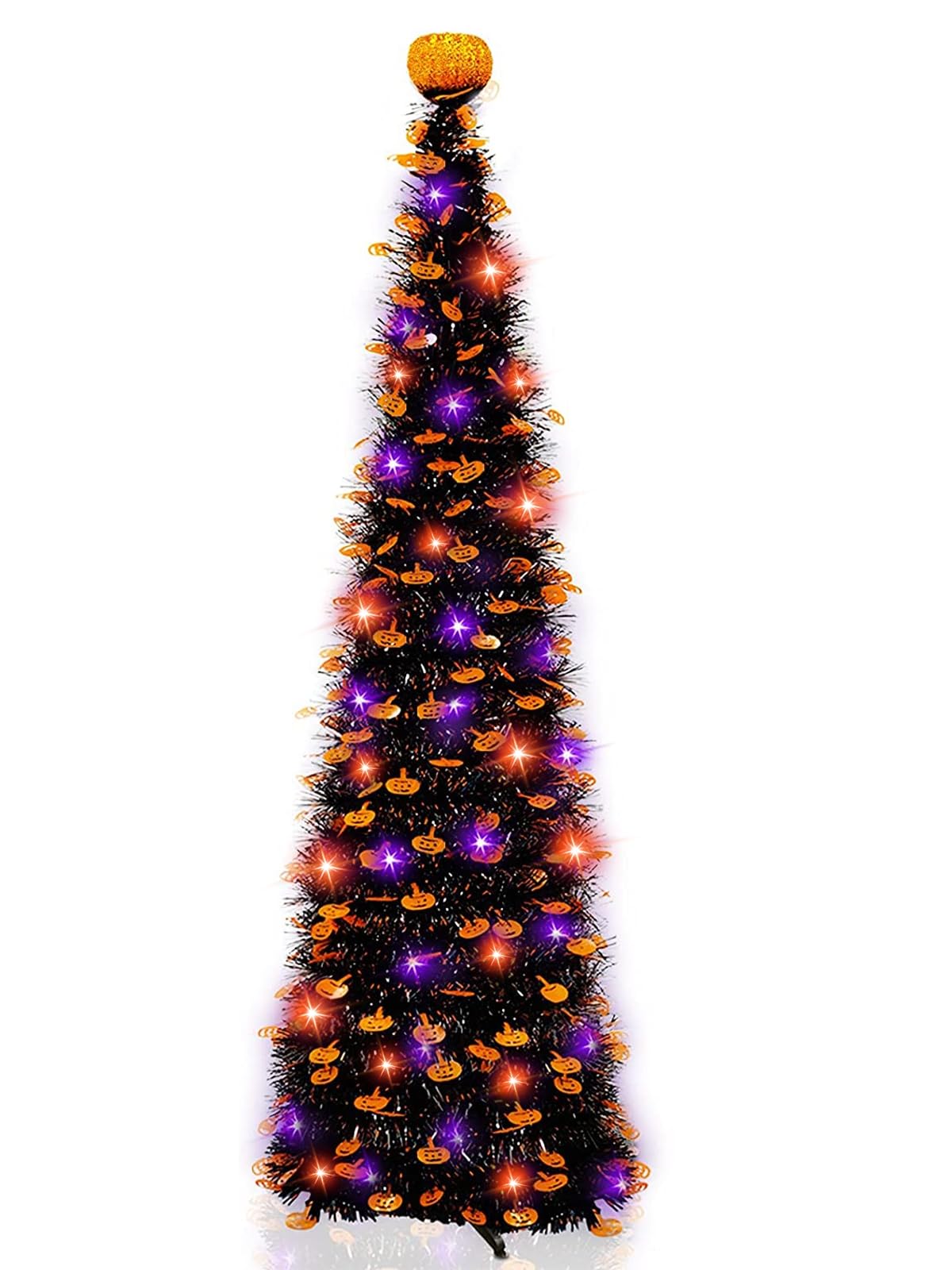 TURNMEON 5Ft Black Tinsel Halloween Tree with 50LED Orange Purple Lights Timer 8 Modes Pumpkin Ornament Pop Up Artificial Pencil Tree Halloween Decorations Home Party Indoor Outdoor