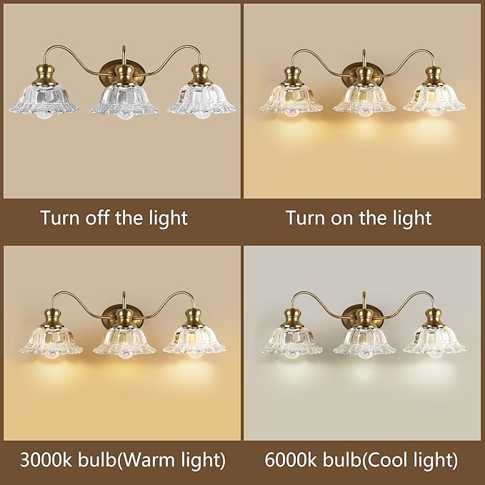 3-Lights Bathroom Vanity Light, Gold Vintage Bathroom Light Fixtures, Matte Antique Brass Finish with Crystal Glass Shade, Wall Sconces Lighting for Living Room, Bedroom, Hallway（E26 Base）