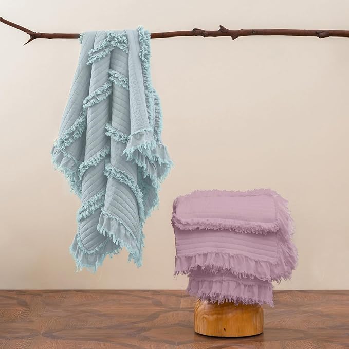 Ultra Soft Pre-Washed Quilted Boho Blue Green Twin Size Blankets for Bed, Ruffle Fringed Decorative Throw, Stone Washed Chic Rustic Blanket for Sofa Couch Bed, 60"*80"