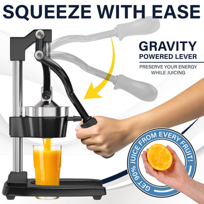 Eurolux Cast Iron Citrus Juicer | Extra-Large Commercial Grade Manual Hand Press | Heavy Duty Countertop Squeezer for Fresh Orange Juice (Bonus Stainless Steel Cup) (Black)