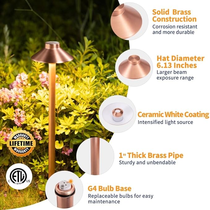 Gardenreet Waterproof Low Voltage Walkway Lights, Brass Copper Outdoor Pathway Light, IP65 LED Bronze Hat Top Sideway Lamp for Driveway Backyard Patio with 3W 270LM 5000K G4 Bulb 12 Pack
