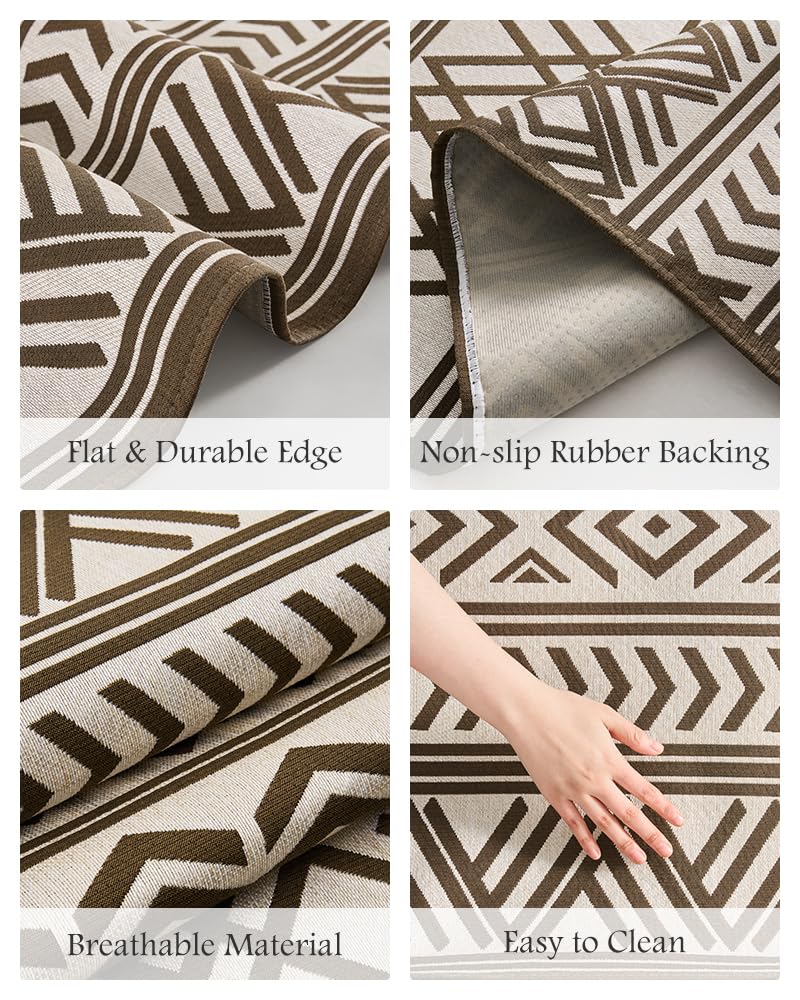 Outdoor Rug Carpet 5x8 ft, Flatweave Textured Outdoor Patio Rug Non Slip Indoor Outdoor Rugs with Rubber Particles Backing Boho Outdoor Area Rug for Patio Deck Front Porch Backyard Balcony, Brown