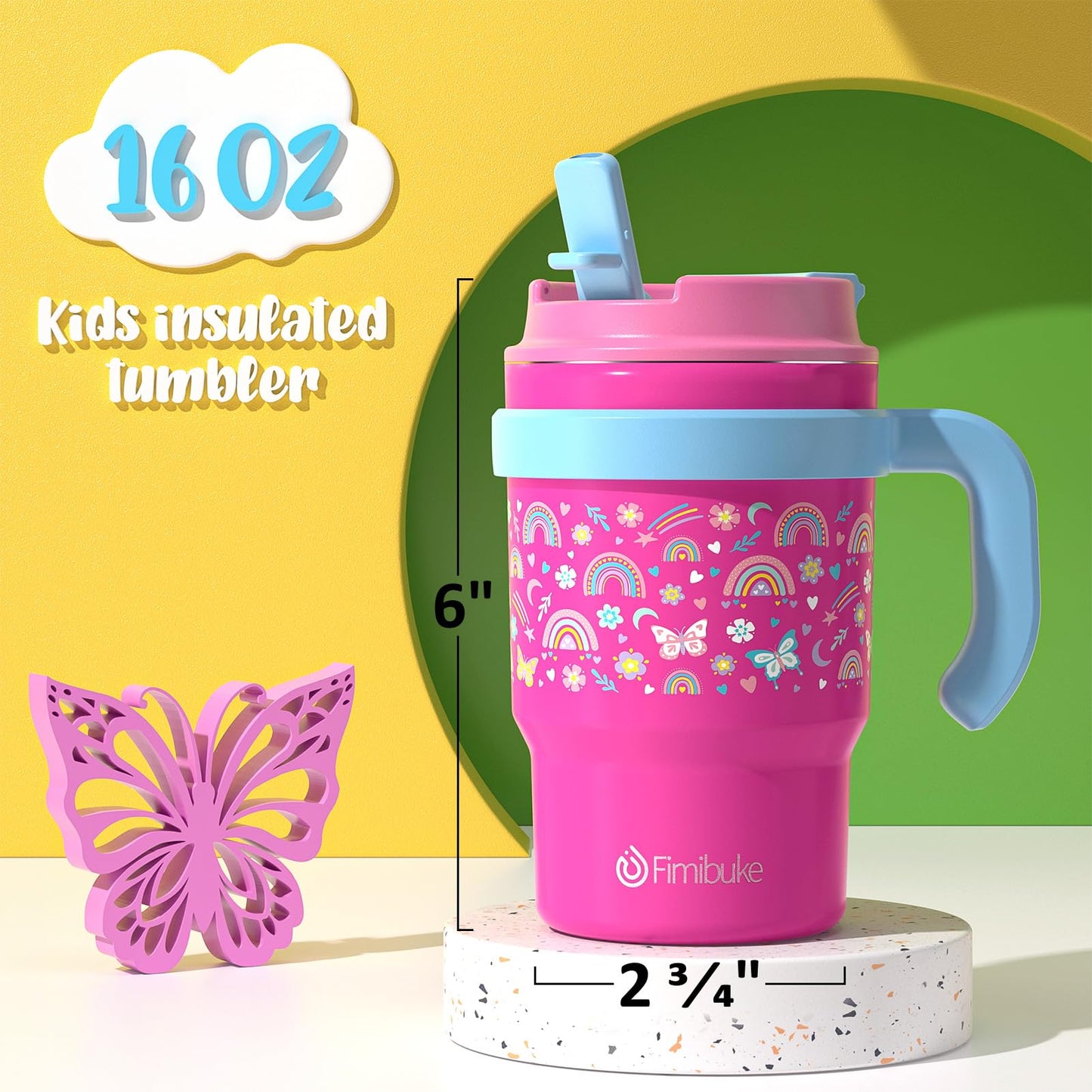 Fimibuke Kids Insulated Tumbler with Handle & Straw - 16oz Leak Proof Toddler Tumbler with Sip/Swig 2-in-1 Lid, BPA FREE 18/8 Stainless Steel Kids Water Bottle Drinking Cups Travel Mugs for Boys Girls
