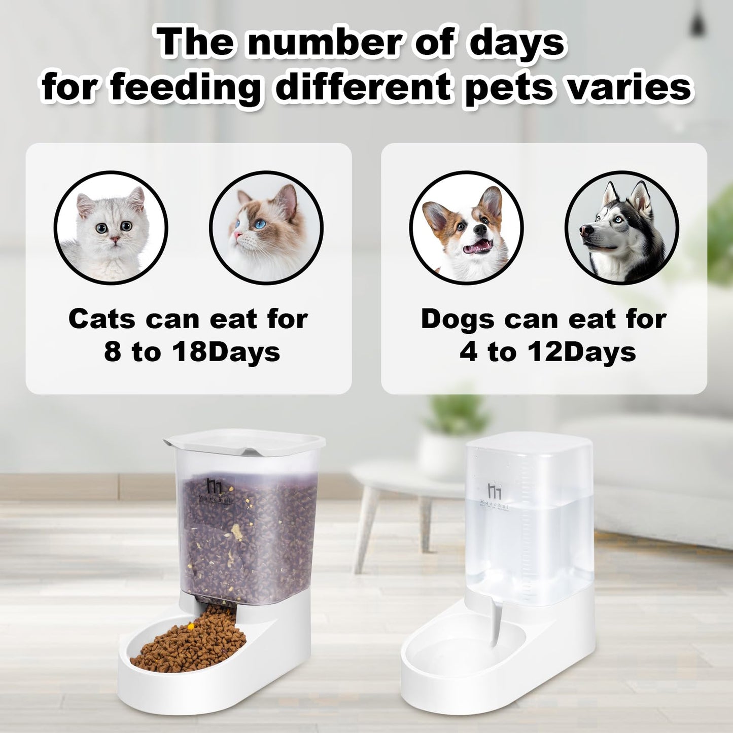 Marchul Pets Automatic Feeder and Waterer Set, Dogs Cats Food Feeder and Water Dispenser 3.8L, 2 in 1 Cat Food Water Dispensers for Small Medium Big Pets