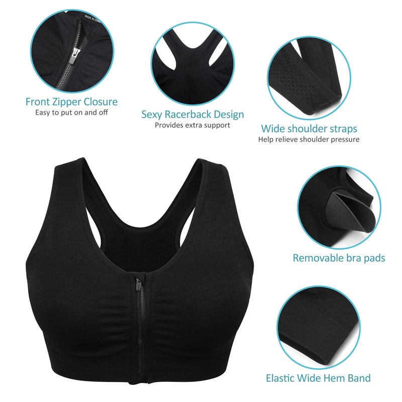 Racerack Women's Zip Front Sports Bra - Wireless, Padded, Post-Surgical Bra with Front Closure - 3 Pack (XX-Large, Black+Flesh+Light Blue)