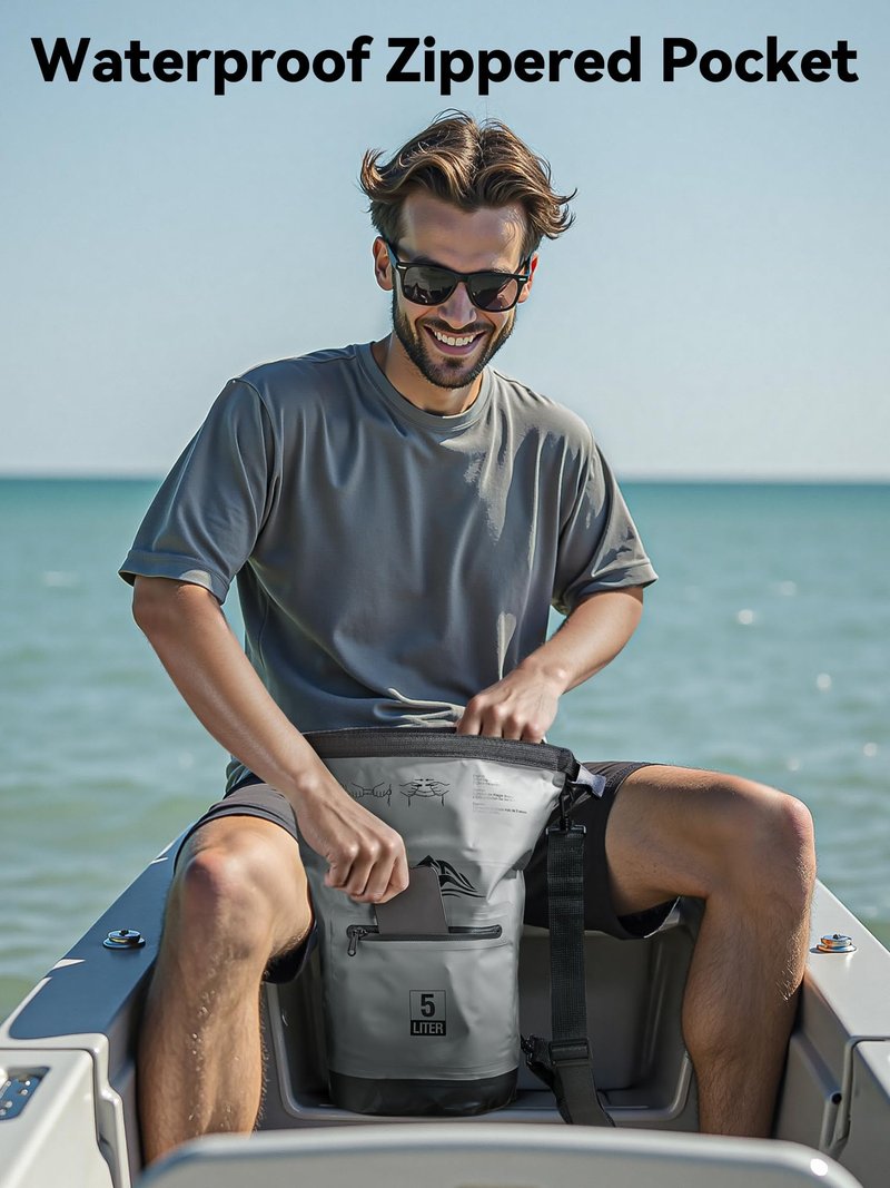HEETA Waterproof Dry Bag with Front Zippered Pocket for Women Men, Roll Top Lightweight Dry Storage Bag Backpack for Travel, Kayaking, Boating, Rafting, Camping, Hiking & Beach (Grey, 5L)