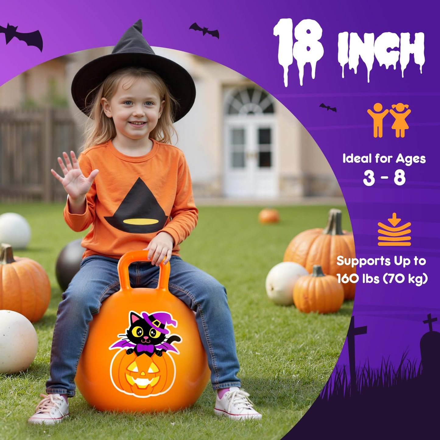 PlayZap Hopper Balls for Kids 3-8, Halloween Orange 18 Inches Bouncy Ball with Handle, Pumpkin Inflatable Bouncing Jumping Toys, Hippity Hop Toys Girls Boys Gifts