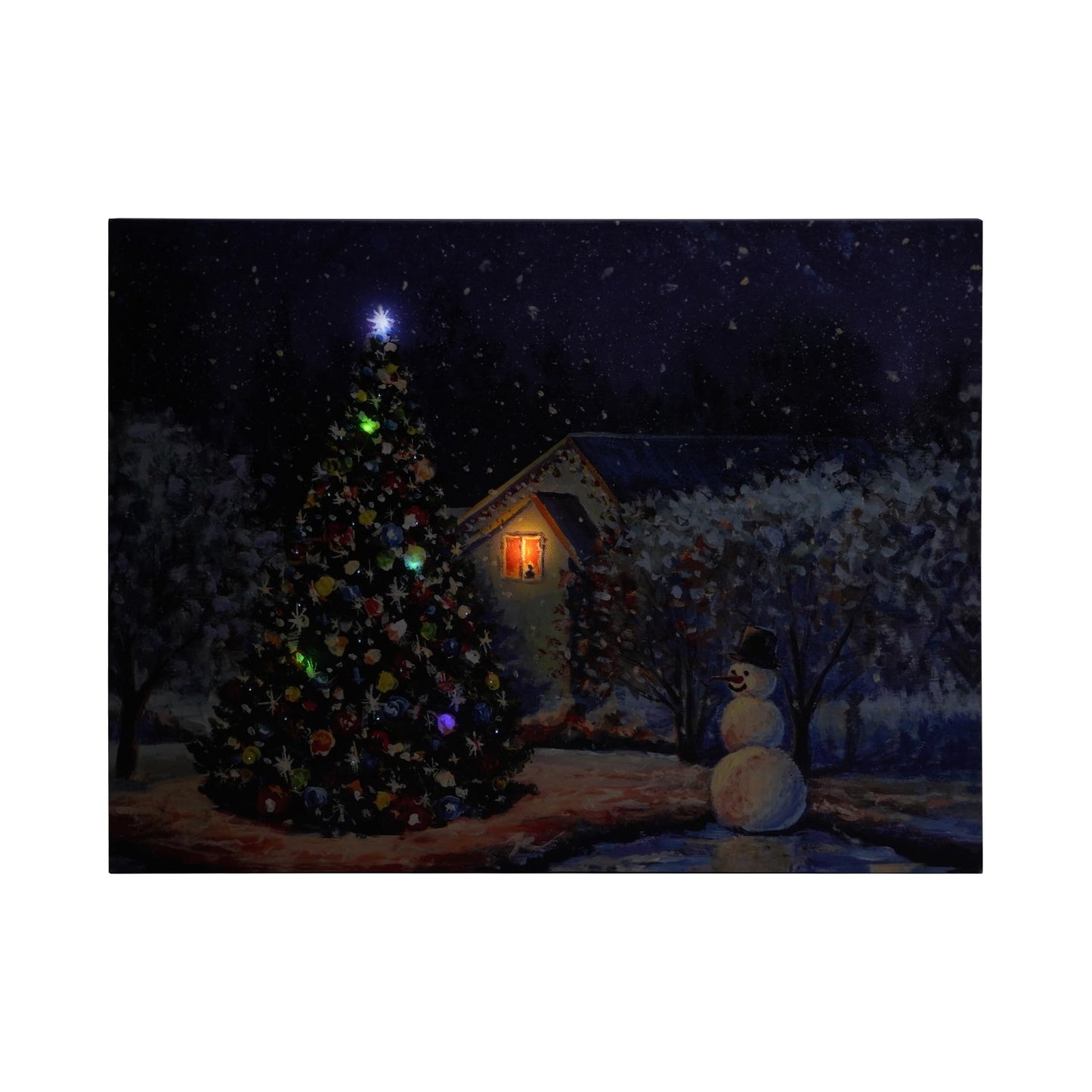 SOFFEE DESIGN 12'' x 16'' LED Christmas Canvas Prints Wall Art, Light Up Snowy Scene Wall Hanging Picture for Holiday Decor, Battery Operated - Shiny Christmas Tree