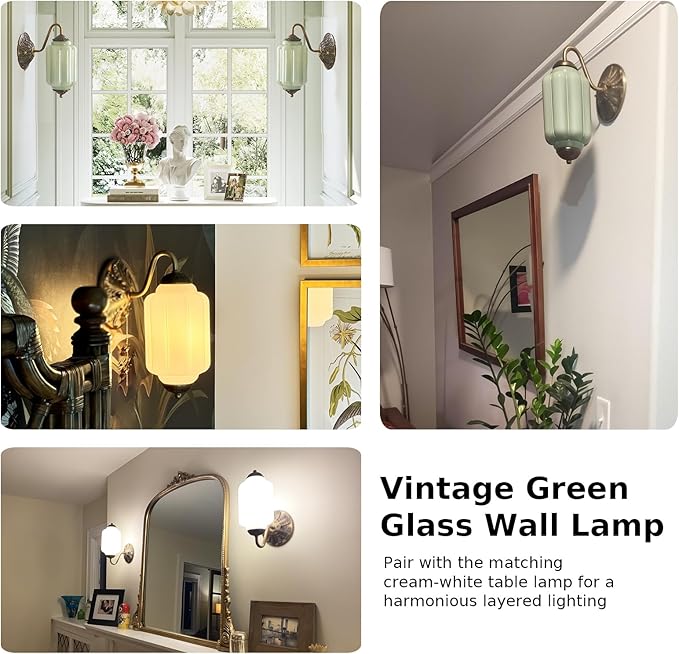 Antique Gold Milk Glass Wall Sconce - Vintage Green Shade & Brass Finish Base - Indoor Wall Lighting Fixture for Living Room, Bedroom, Bathroom, Hallway, Entryway (Green)