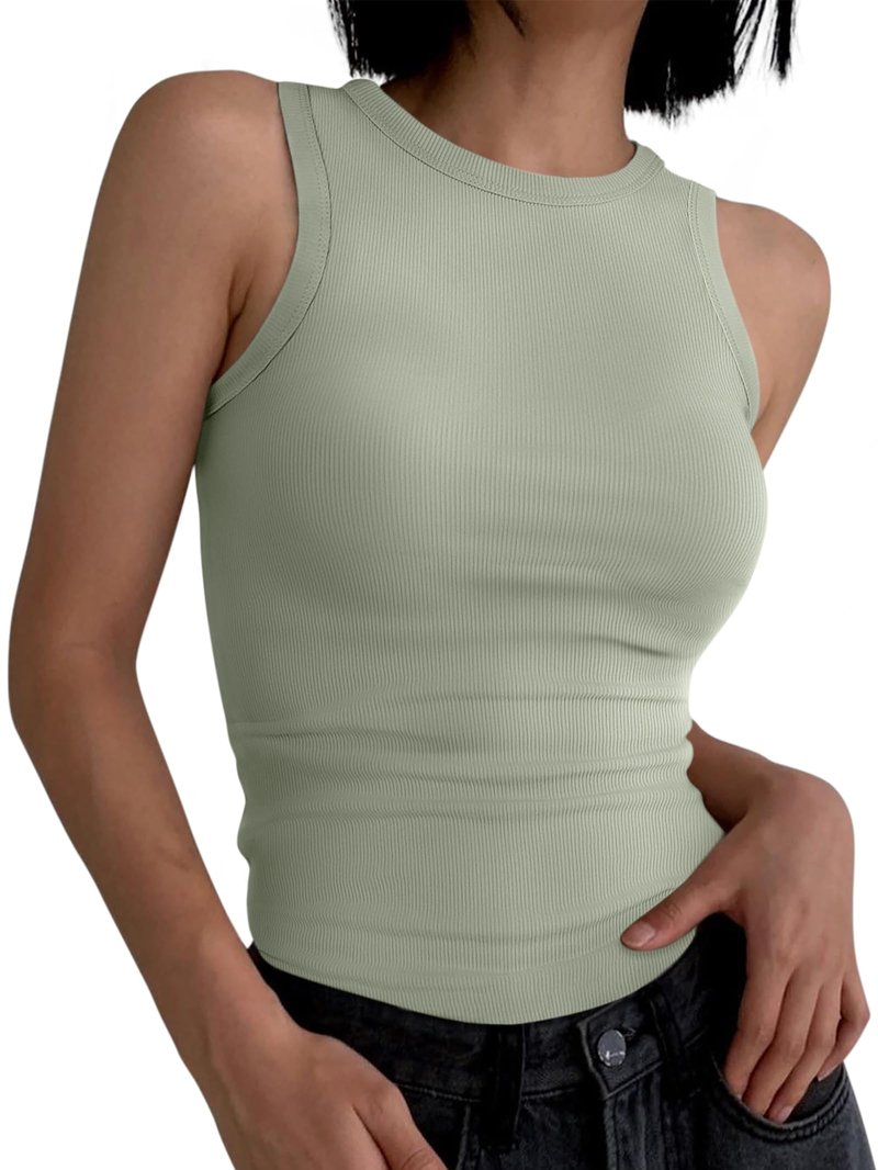 ANRABESS Womens Sleeveless High Neck Tank Tops Fashion Summer Casual Basic Slim Fit Ribbed Racerback Top Shirt Clothes Sage Green XX-Large