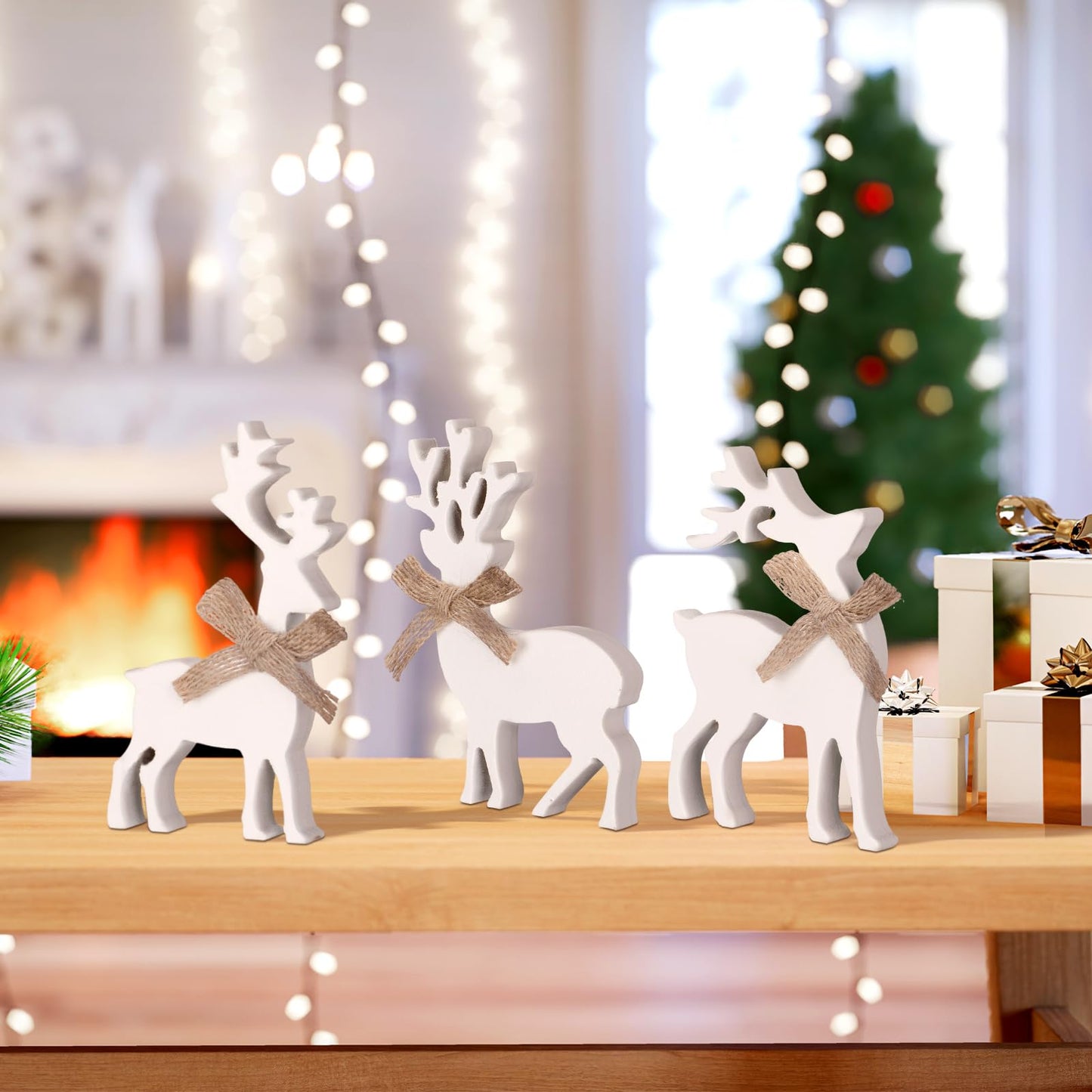 Redbaker 3 Pcs Reindeer Christmas Decorations Indoor Wooden Reindeer Cutouts Christmas Tiered Tray Decor White Rustic Block Sign for Xmas Winter Centerpieces Home Office Table Shelf Desk Mantel Decor