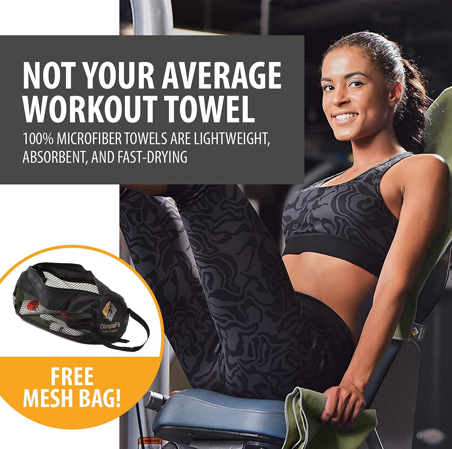 OlimpiaFit Quick Dry Towel - 3 Size Pack of Lightweight Microfiber Travel Towels w/Bag - Fast Drying Towel Set for Camping, Beach, Gym, Backpacking, Sports, Yoga & Swim Use﻿ (GREY)