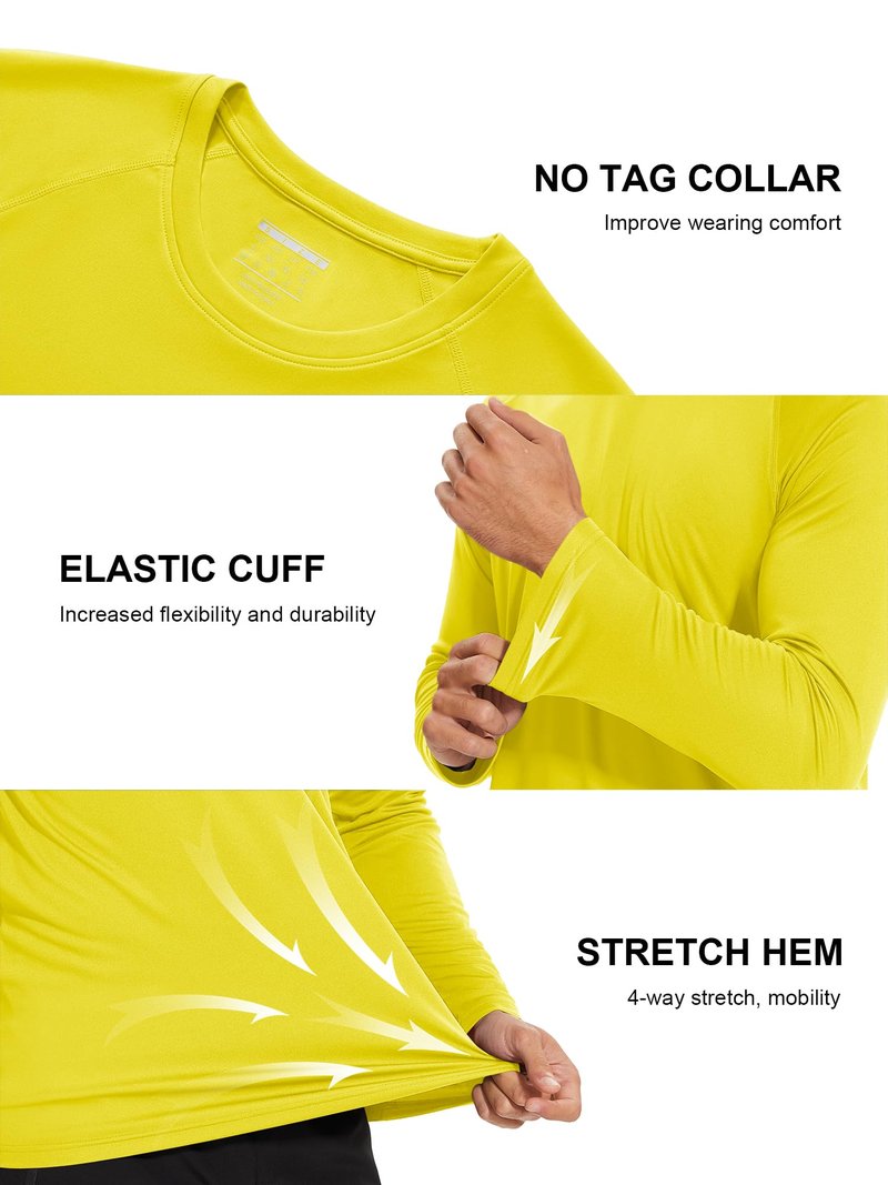 Rash Guard Men Long Sleeve Sun Protection Shirt Men Athletic T-Shirt Running Shirts UV Shirts for Men Sun T-Shirt Yellow