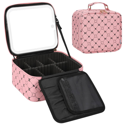 Relavel Travel Makeup Bag With LED Mirror, Cosmetic Train Case with Light up Mirror, Portable Makeup Artist Organizer Bag with Adjustable Dividers, Makeup Brush Holder Storage, Black