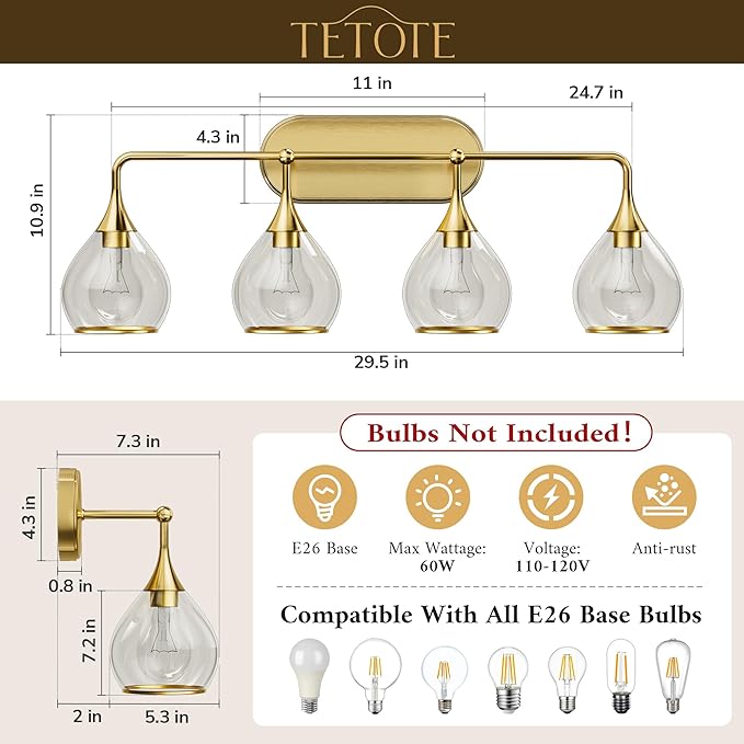 TETOTE 4-Light Modern Bathroom Light Fixtures, 4 Light Vanity Lights Over Mirror Gold Wall Lamp with Clear Glass for Bathroom, Mirror, Living Room, Bedroom, Hallway