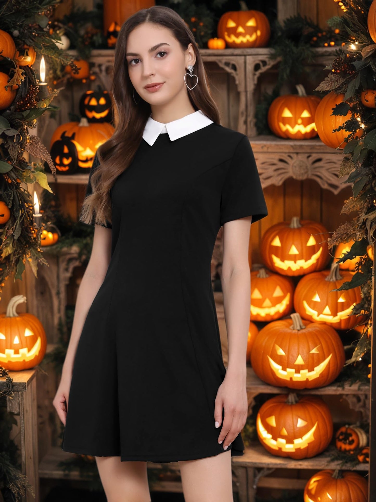 Allegra K Women's Flare Dress Halloween Contrast Peter Pan Collar Short Sleeves Wednesday Addam Dresses Medium Black