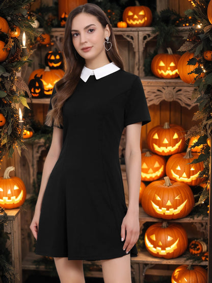 Allegra K Women's Flare Dress Halloween Contrast Peter Pan Collar Short Sleeves Wednesday Addam Dresses Medium Black