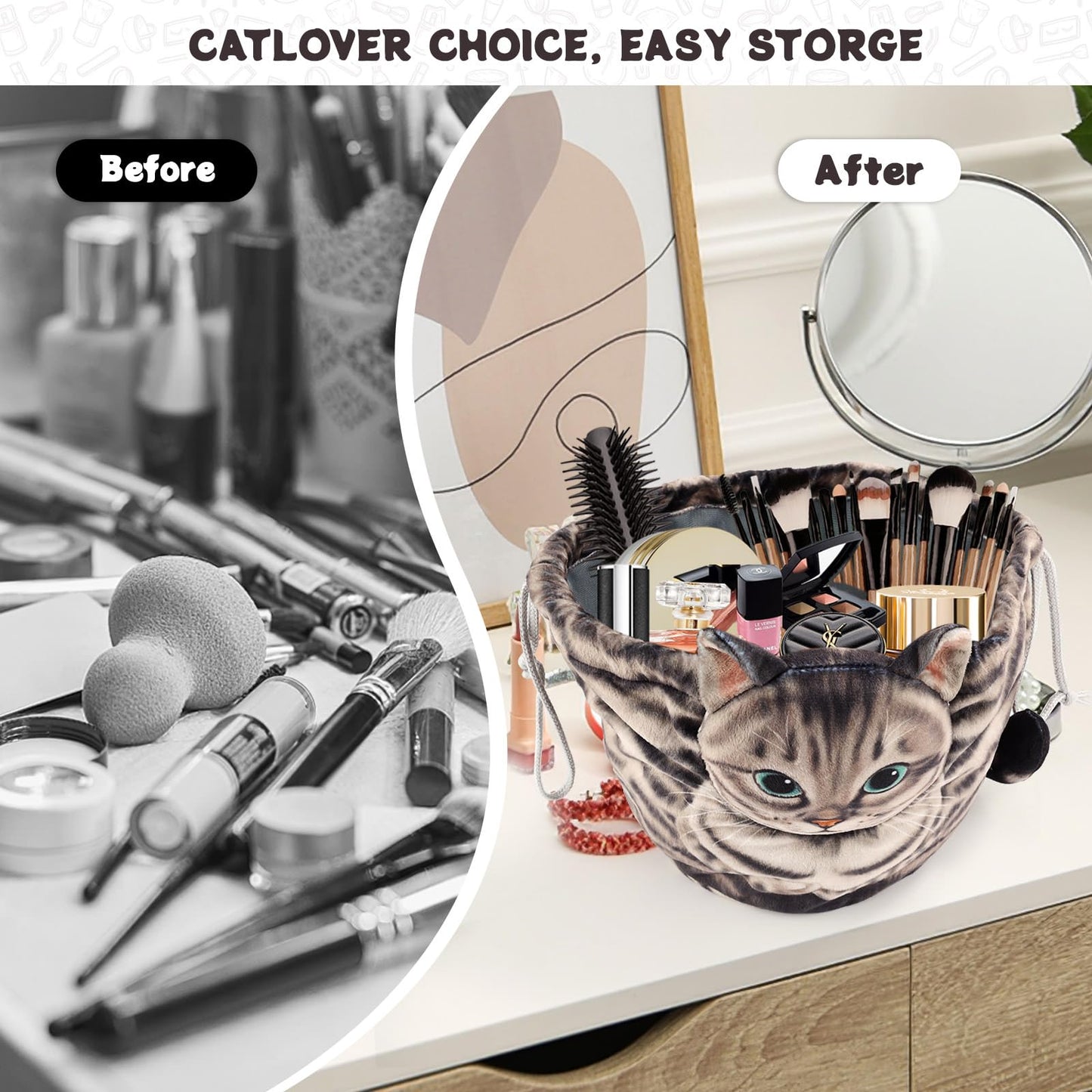 Cat Drawstring Makeup Bag,Flat Lay Make Up Bag,Portable Travel Cosmetic Bag Storage Organiser,Bag for Purse,Cat Gifts for Women/Girls/Cat Lovers