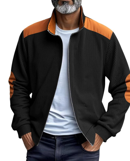 LIZALIG Men's Vintage Cardigan Jacket Soft Block Collar Zip-Up Casual Jackets for Daily Wear Travel Lightweight Layering Piece