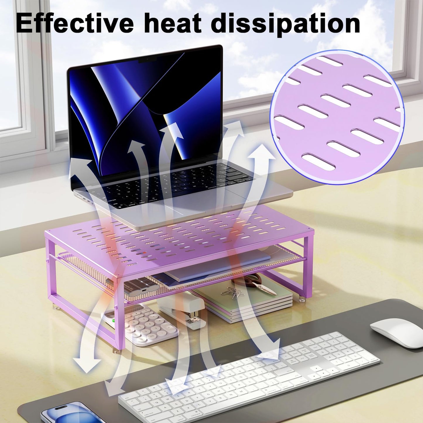 gianotter 2-Tier Metal Monitor Stand Riser, Office Desk Storage Organizer for Computer Monitor, Laptop, Printer, Office Supplies (Purple)