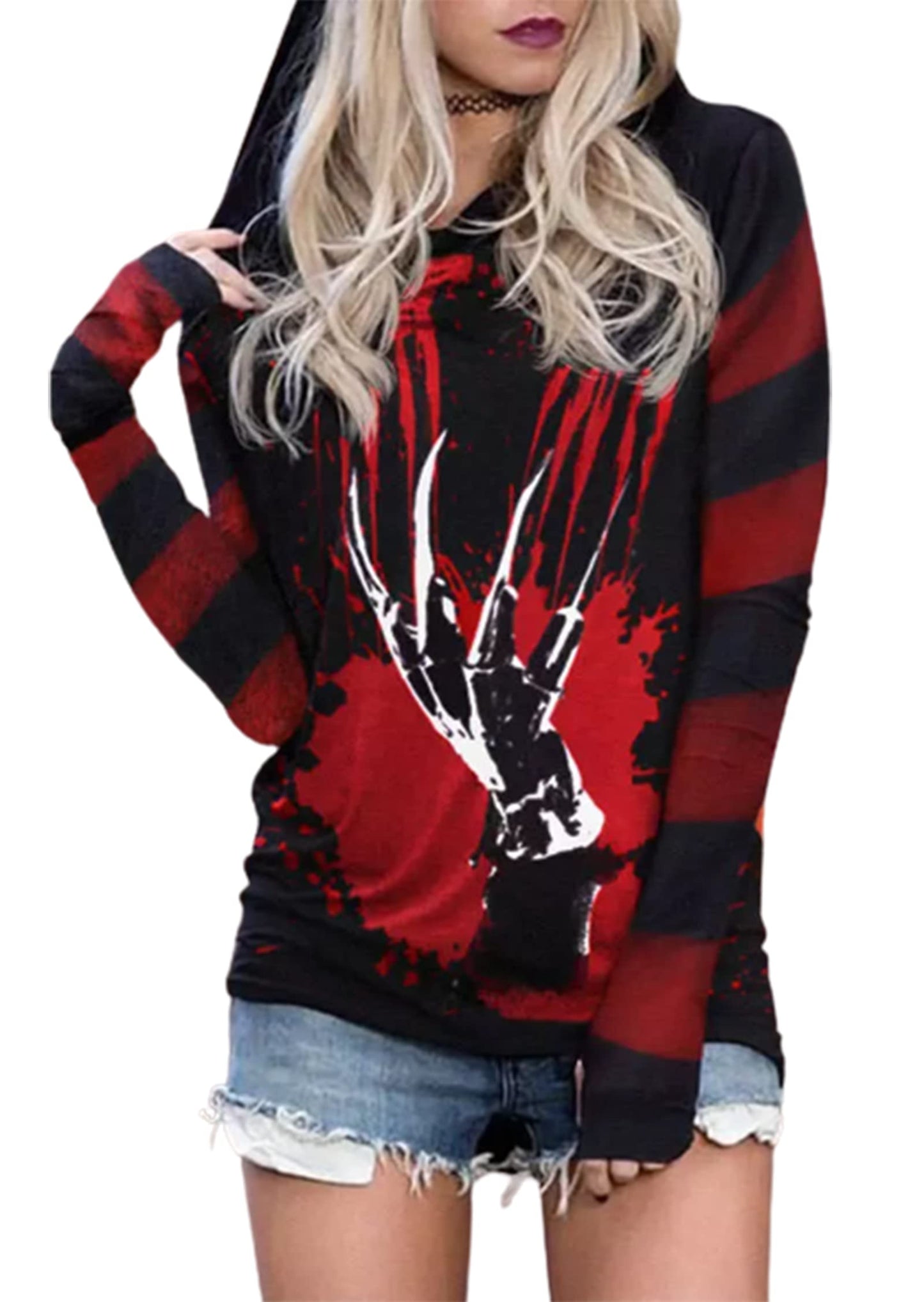 MHTOR Halloween Horror Skull Silhouette Hoodie Women Long Sleeve Sweatshirt NoveltyPullover Hoodie(Large,Red)