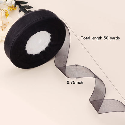 Hiswan 3/4 inch Sheer Organza Ribbon 50 Yards Black Chiffon Ribbon for Gift Wrapping Christmas Halloween Decoration Wedding Bouquet Crafts
