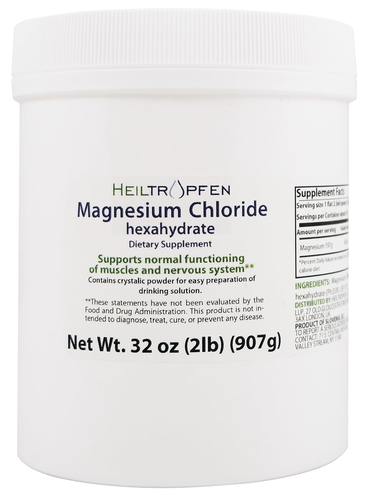 2 Pounds / 907 g Magnesium Chloride Powder | Hexahydrate | Pharmaceutical Grade Ingredients | Crystal Powder | Pure Ph. EUR., BP, USP, 100% - Muscle Pain Relief | Heiltropfen®