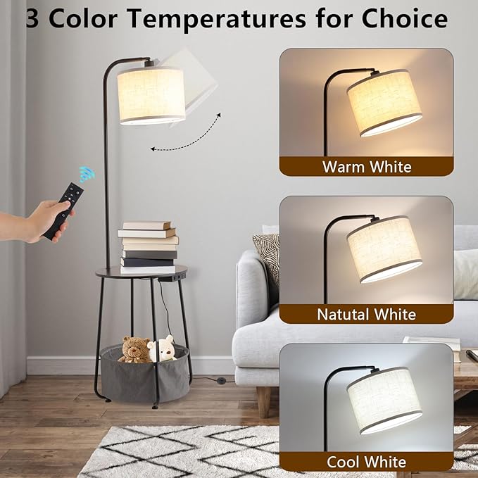 Floor Lamp with Cat Bed and Charging Station, Adjustable Lampshade, 3 Color Temperatures, Remote & Foot Switch Control, Standing Lamp with USB & AC Outlets for Living Room Bedroom, Black