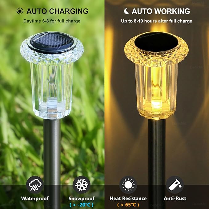 DenicMic Solar Lights Outdoor 10 Pack Waterproof 3000K Warm White LED Acrylic lamp Head Stainless Steel Stake for Landscape Lighting Path Walkway Sidewalk Backyard Patio Christmas Decor