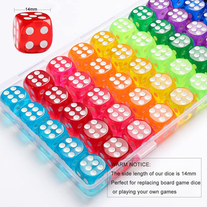 50 Pieces Dice Set, 14mm Bulk 6 Sided Colored Dices for Board Games, Math Learning,Classroom