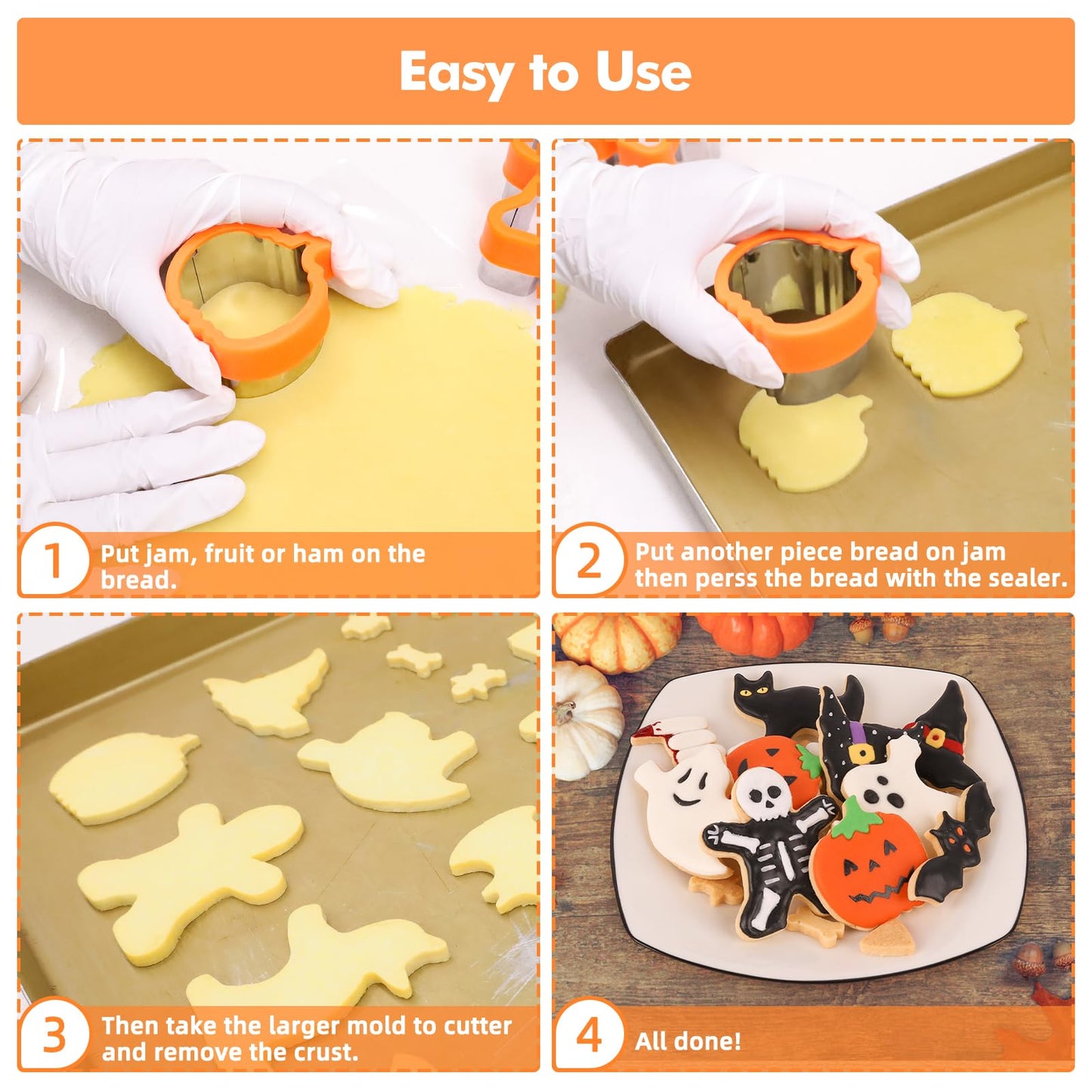 NPET 10Pcs Halloween Cookie Cutters for Kids Lunch, DIY Uncrustable Kids Lunch Sandwich Cutters Peanut Butter & Jelly Halloween Cookie Cutter Gifts Press for Boys Girls Orange
