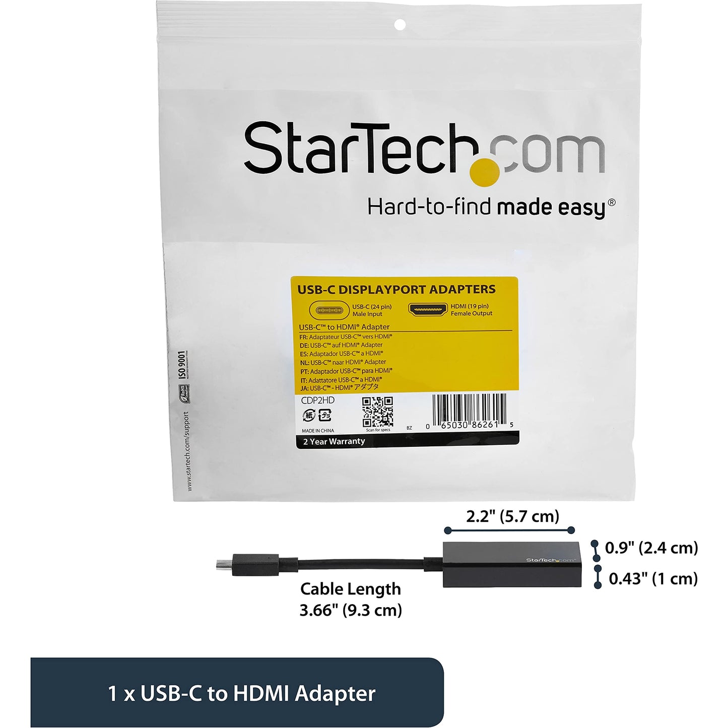 StarTech.com CDP2HD USB-C to HDMI Video Adapter Converter - 4K 30Hz - Thunderbolt 3 Compatible - USB 3.1 Type-C to HDMI Monitor Travel Dongle Black,9mmx23mmx147mm