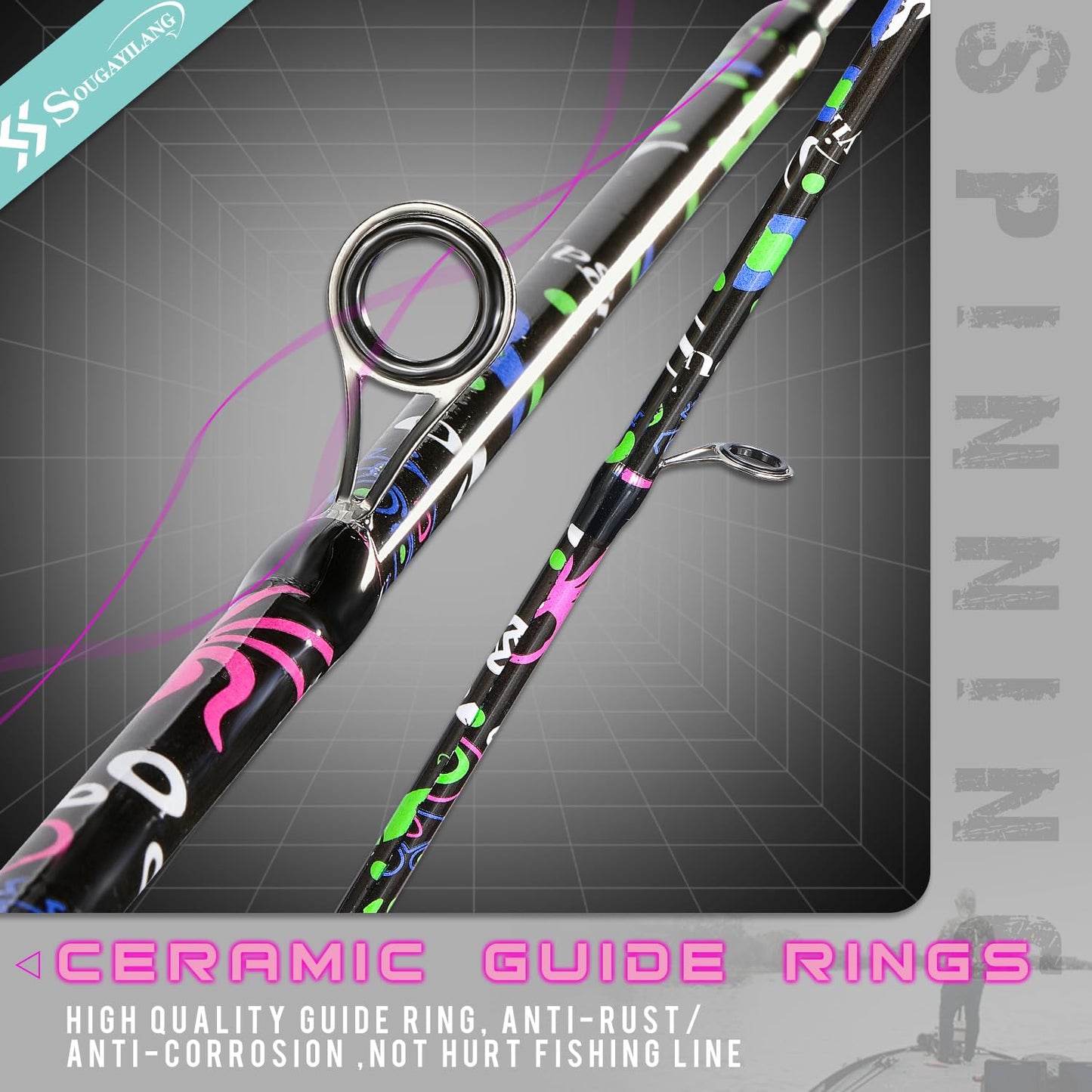 Sougayilang Fishing Rod, 2-Piece Fiber Glass Spinning Rod with EVA Grip, Smooth Transition Fishing Pole- 6'0"