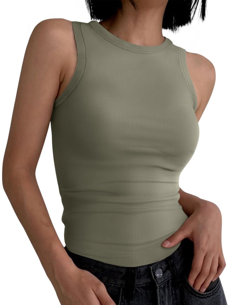 ANRABESS Womens Sleeveless High Neck Tank Tops Fashion Summer Casual Basic Slim Fit Ribbed Racerback Top Shirt Clothes Olive-XXL