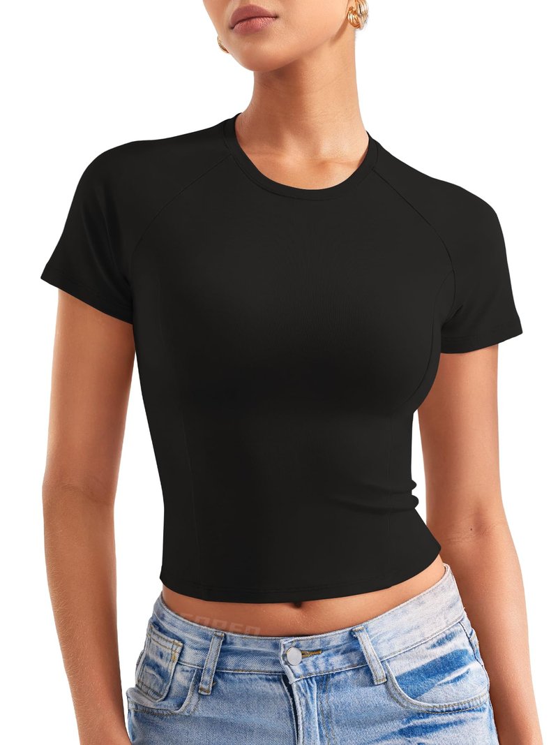 YEOREO Women Tops Baby T-Shirt Short Sleeve Crew Neck Going Out Crop Top Corriny Slim Fit Workout Basic Baby Tee Black M