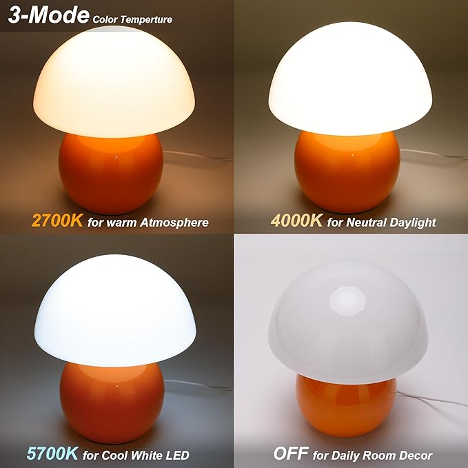 Small Mushroom Lamp,USB-Plug in Bedside Table Lamps with 3-Temperature LED Bulb Dimmable,Unique Cute Aesthetic Home Decor for Living Room,Bedroom, Modern Ceramic Base Glass Lamp(Orange)