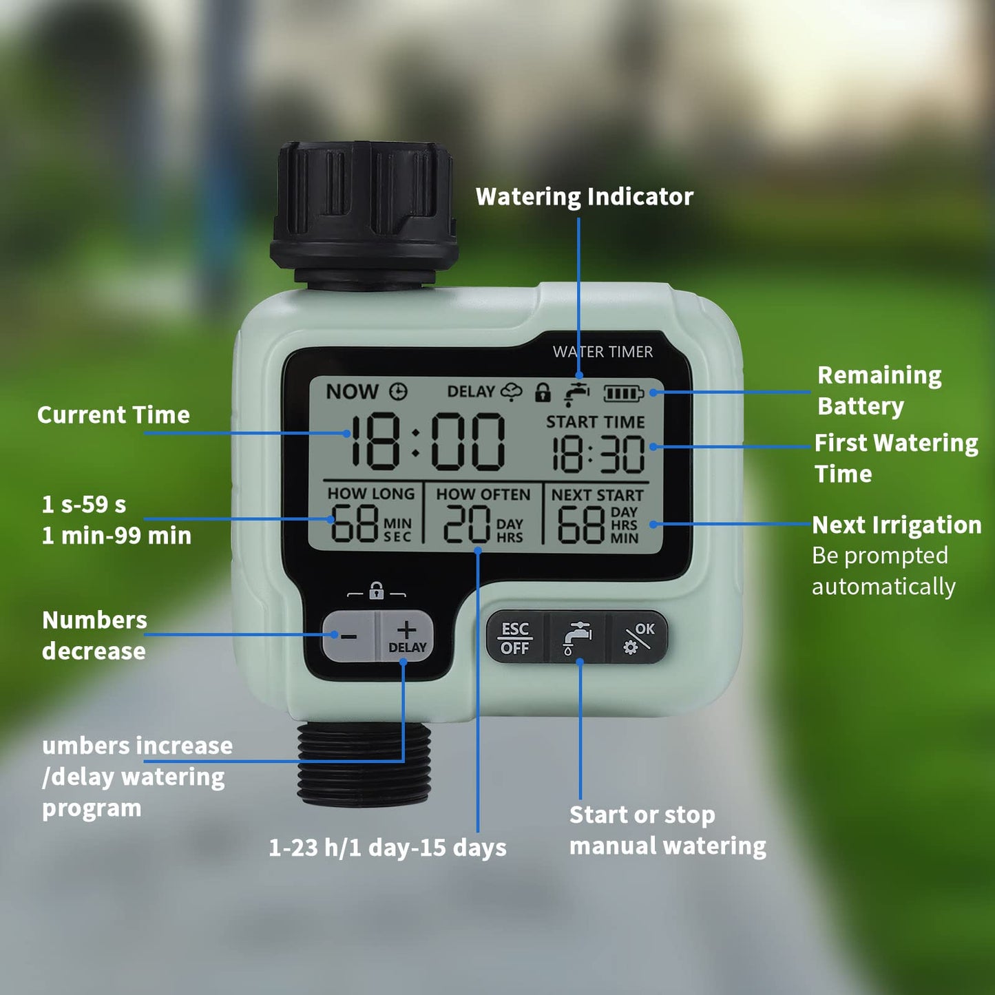 Johgee Water Timer, Watering Computer, Control Irrigation System for Garden Lawn, Automatic Irrigation, Rain Delay, Manual Control and Child Lock
