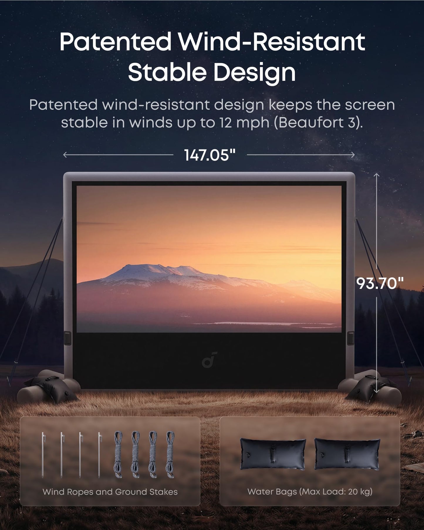 Soundcore Nebula 120-Inch Silent Inflatable Theater Screen with Air-Tight Design for Zero Noise, Battery-Powered Pump, Wind-Resistant Structure, Anti-Wrinkle Material for Sharp Image Quality