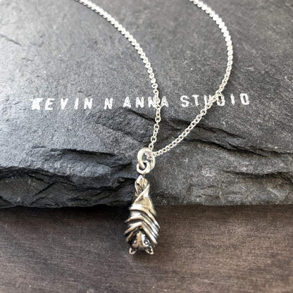 Sterling Silver Petite Hanging Bat Charm Pendant Necklace, 18"