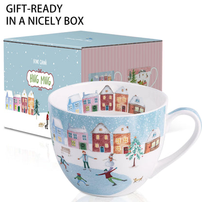Christmas Skating Mug - 20 oz Bone China Winter Coffee Mugs with Snowy Village, Perfect Holiday and Christmas Gifts for Friends and Family - Designed in England by Harvest Green Studio