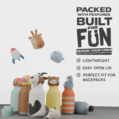 asobu Bestie Bottle Insulated Stainless Steel Water Bottle with Detachable Soft Animal Head Fun Drinking For Kids and Teens with Flexible Reusable Straw 16 Ounce (SNOWMAN)