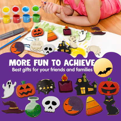 JOYIN 12 Pcs Halloween Wood Craft Kit, Wooden Magnet Creativity Arts Painting Kit, DIY Halloween Painting Craft for Kids Party Supplies, Toddler Party Favors Family School Activities