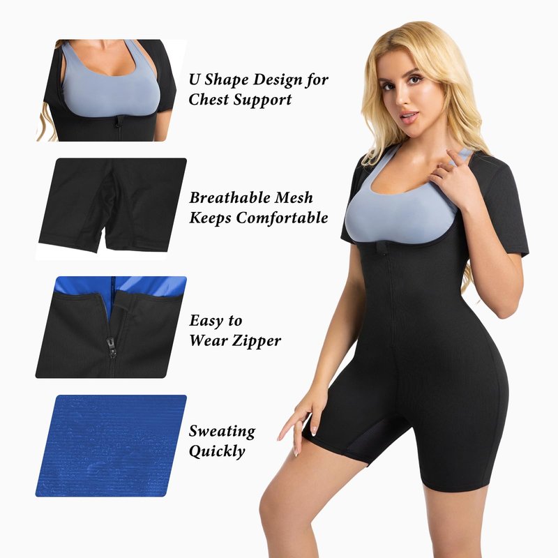 Meiosuns Sauna Suit for Women Ribbed Full Body Sweat Suits Weight Loss Jumpsuit Waist Trainer Shaper 4 in 1 Slimming Heat Trapping Sweat Shirt for Belly Fat Workout Gym Shapewear (Blue, L)