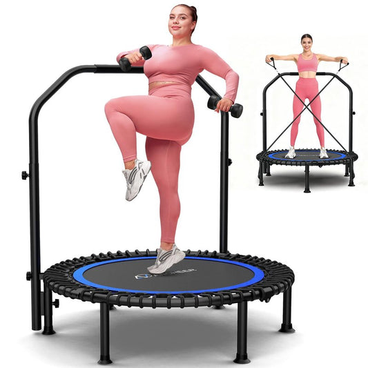 ANCHEER 48" Foldable Rebounder Trampoline for Adults/Kids with Resistance Bands and Bungees, Indoor & Outdoor Mini Trampoline with Bar and Safety Padding - Max Load 450lbs (Blue)
