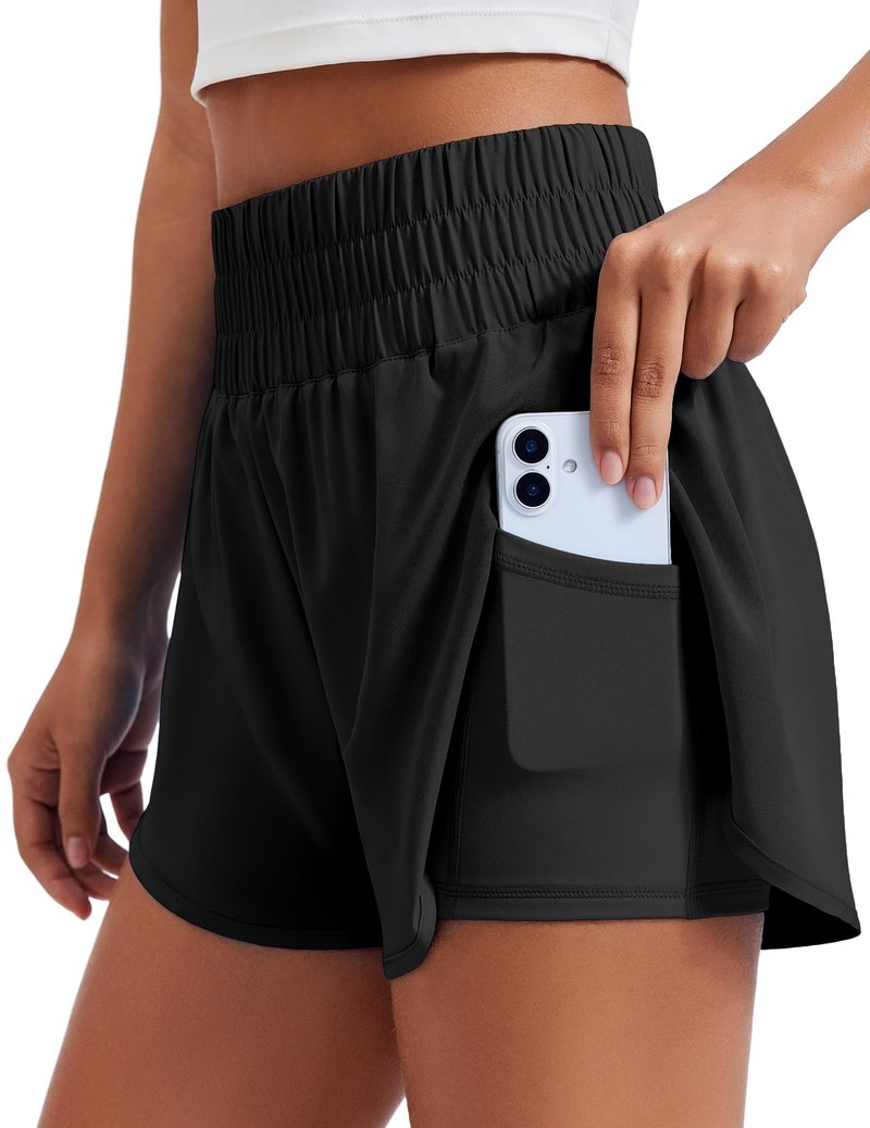 PINSPARK Women 2 in 1 Running Athletic Shorts High Split Dolphin 3 Inch Gym Shorts Quick-Dry Workout Active Sports Shorts with Liner and Pockets, Black Large