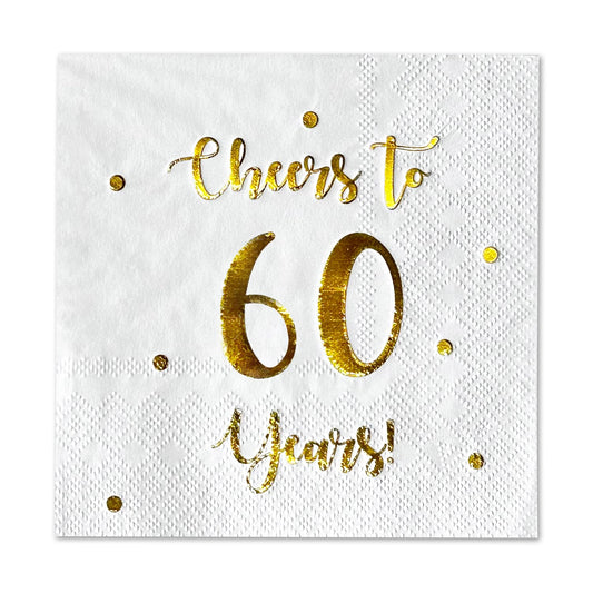 Cheers to 60 Years Cocktail Napkins | Happy 60th Birthday Decorations for Men and Women and Wedding Anniversary Party Decorations | 50-Pack 3-Ply Napkins | 5 x 5 inch folded (White)