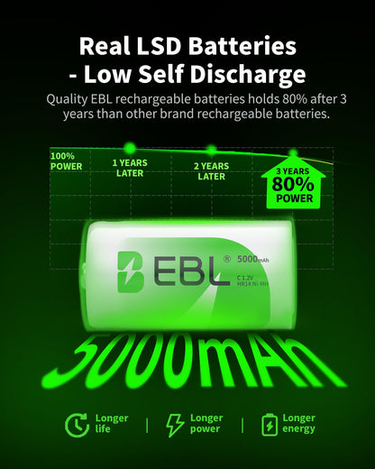 EBL Rechargeable C Batteries 5000mAh Ni-MH C Size Battery, Pack of 8