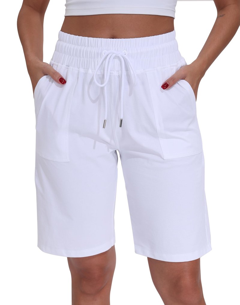 WEAREFO Women's Bermuda Shorts 10" Long High Waisted Comfy Jersey Knee Length Shorts with Pockets for Athletic Casual Wear (White, XL)