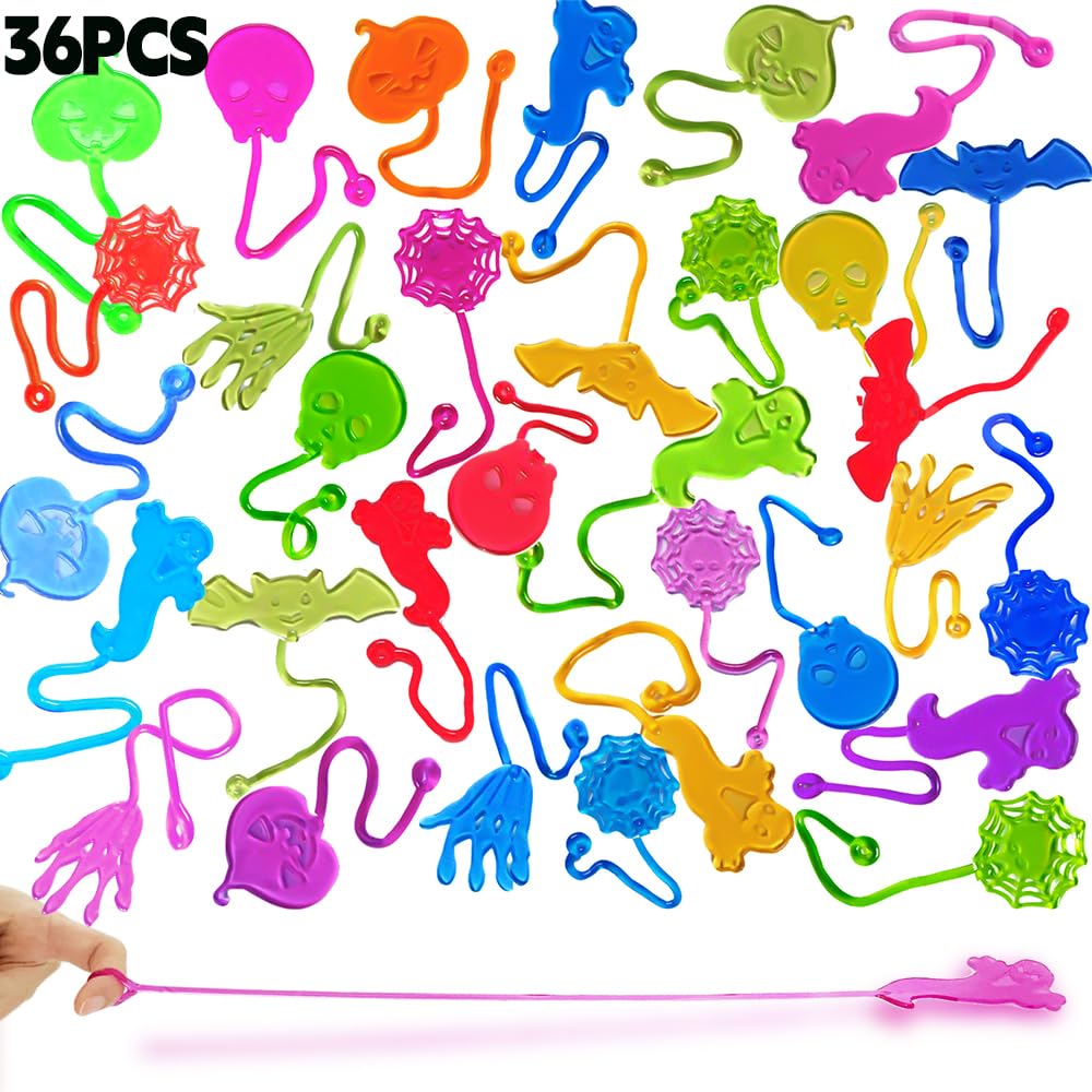 CHHOEAV 36pcs Halloween Party Favors Sticky Hands, Spider Web Skull Bat Stretchy Sticky Toys For Boys Girls, Birthday Party Supplies, Non Candy Halloween Treats Goodie Bag Stuffers