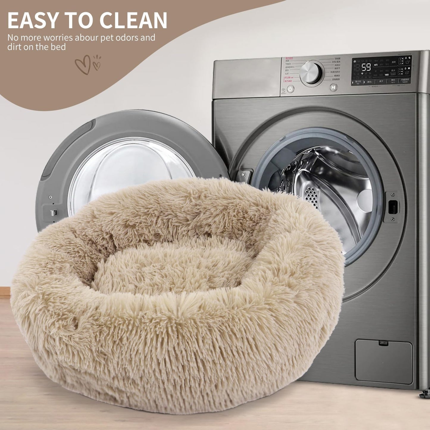 BVAGSS Anxiety Dog Bed, Round Plush Donut Dog Bed Cat Bed Marshmallow Fluffy Cuddler Washable Calming Puppy Bed for Small/Medium Dogs XH034 (Diameter:50cm, Light Brown)